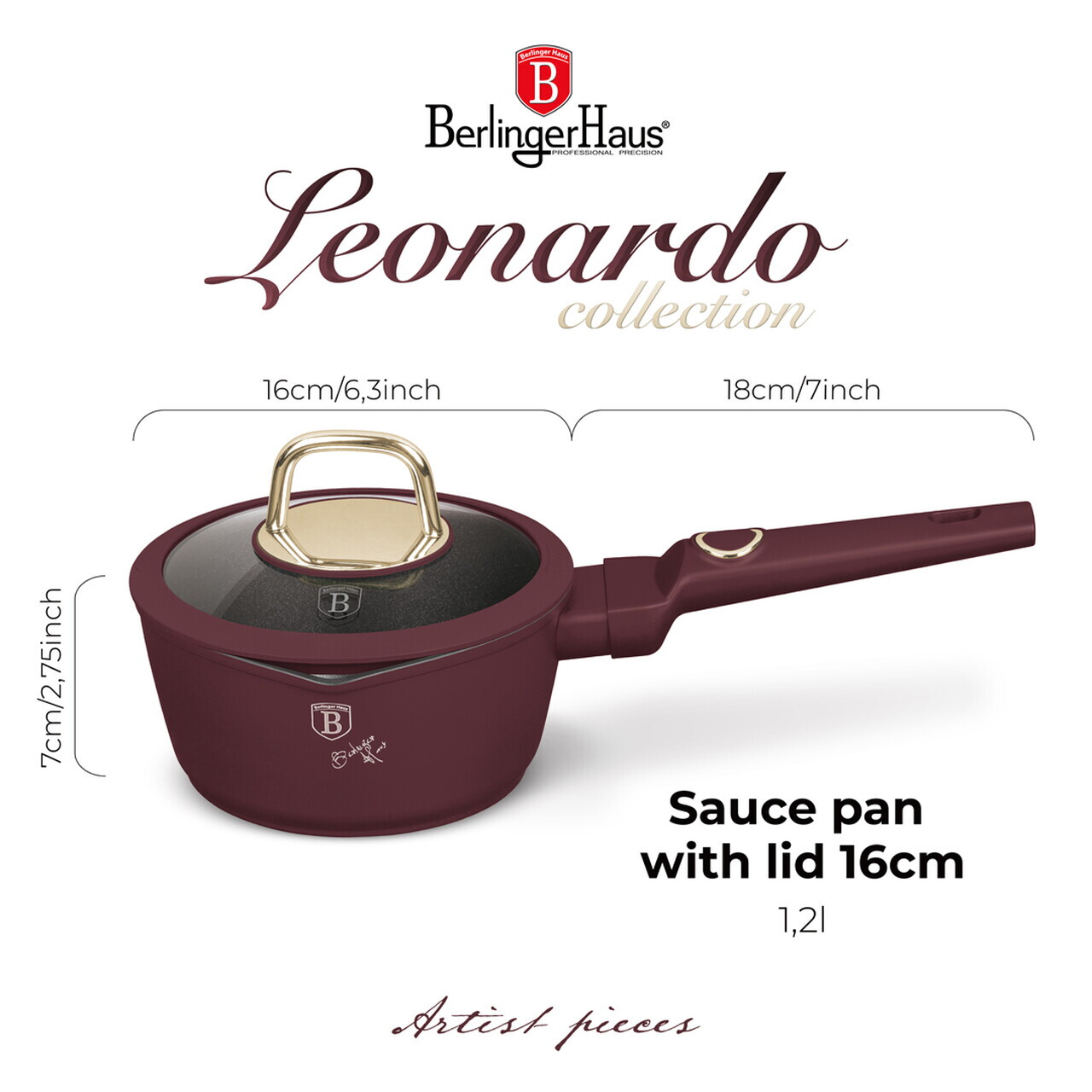 Cratita cu capac Berlinger Haus, Leonardo, 16 cm, 1.2 L, aluminiu forjat, visiniu mat - imagine 6