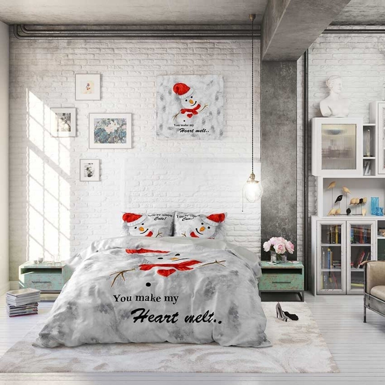 Lenjerie De Pat Dubla Heart Melt White, Dreamhouse, 3 Piese, 200x220 Cm, 100% Bumbac, Gri/rosu