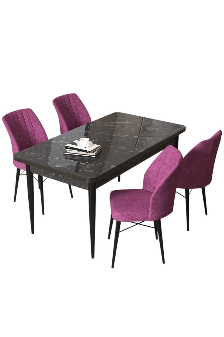 Set masă și scaune (5 bucăți), Hanah Home, Arp, Marmură neagră / Violet - view 2