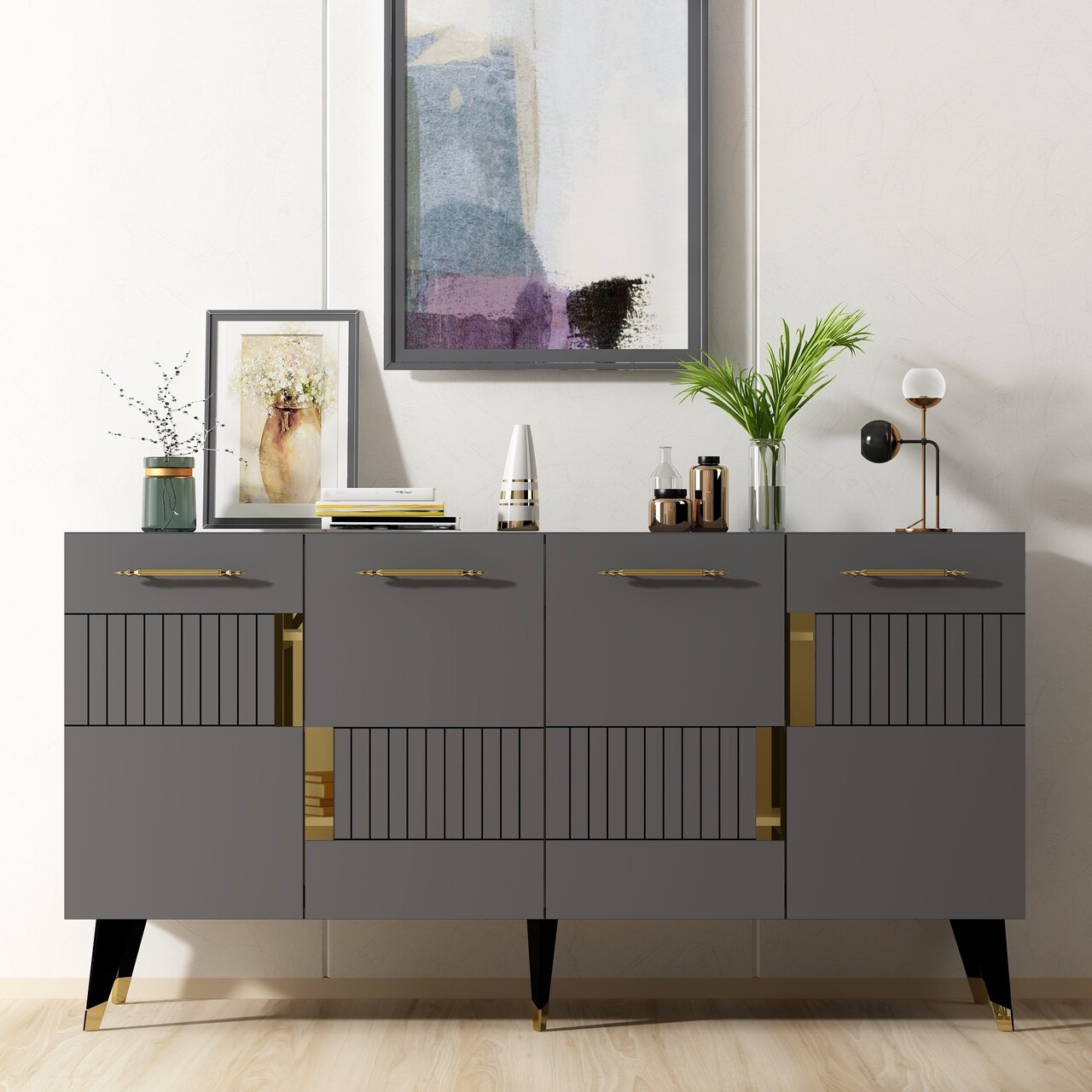 Consola, Olivia, Moda, 150x79x40 cm, PAL , Antracit / Aur - 1 | YEO