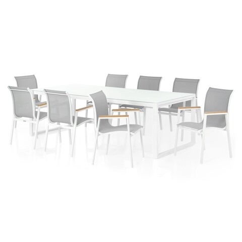 Set 8 scaune + masa pentru gradina/terasa, belluno/stream, 240 x 100 x 75 cm, alb/gri