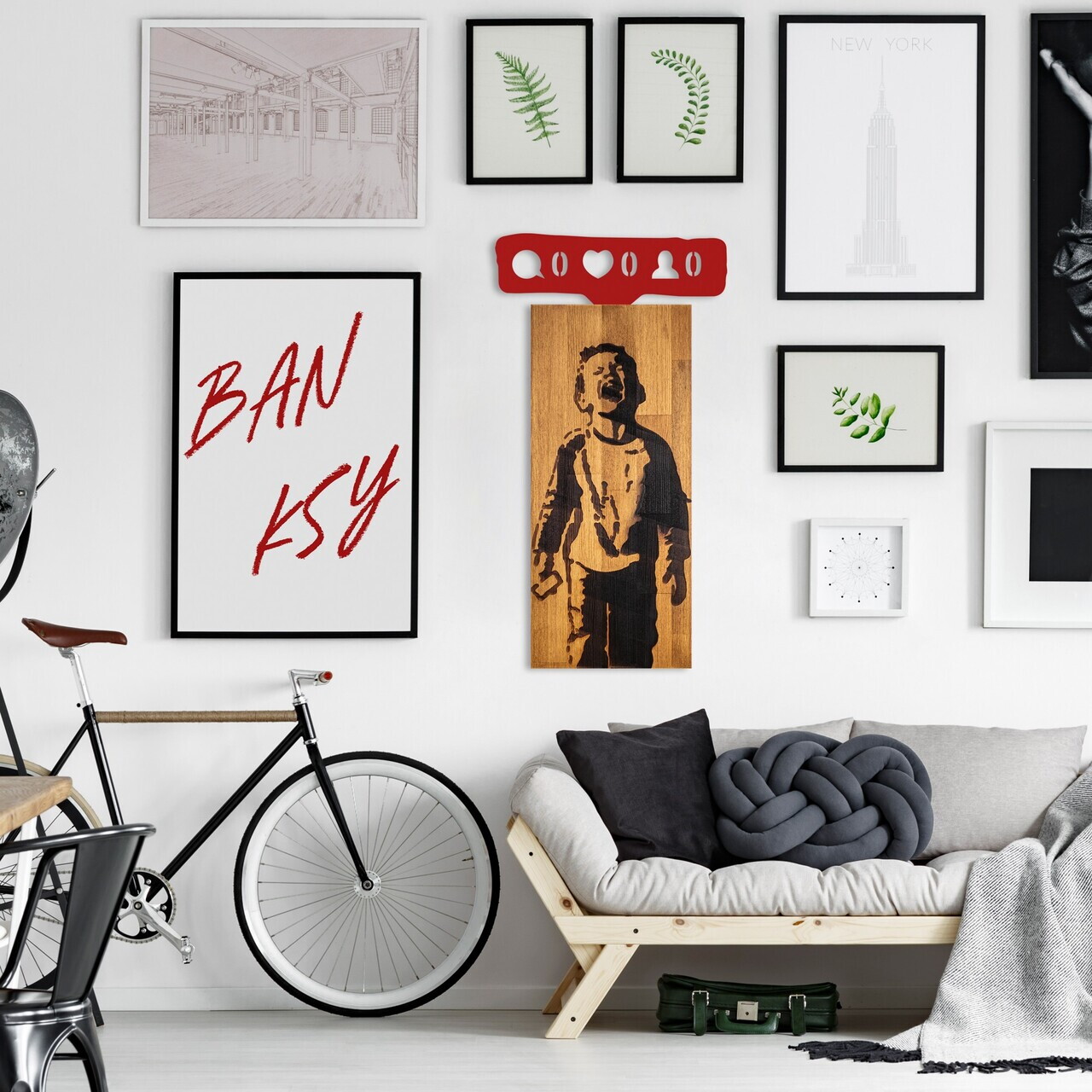 Decoratiune de perete, Banksy, Lățime: 36 cm Înălțime: 69 cm Adâncime: 3 cm, Nuc / Roșu — imaginea 4