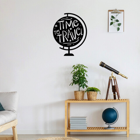 Decoratiune de perete, time to travel, metal, dimensiune: 55 x 70 cm, negru