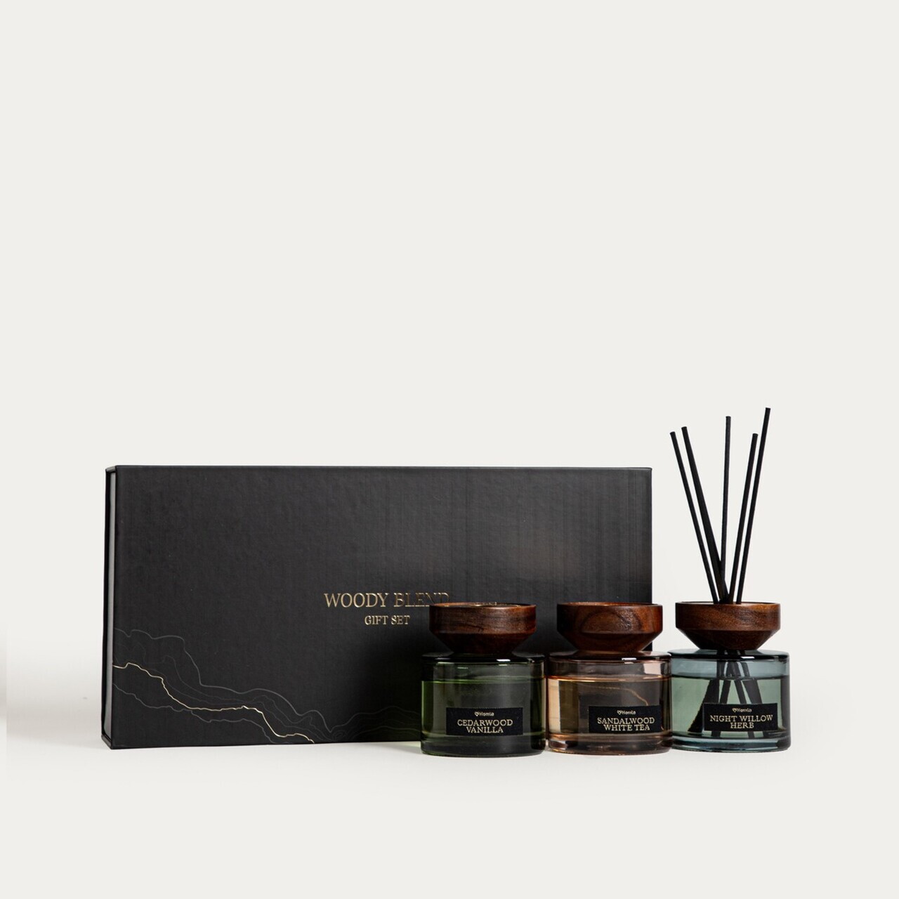 Set 3 piese difuzor de parfum cu betisoare Woody Blend, Homla, 100 ml, sticla, negru