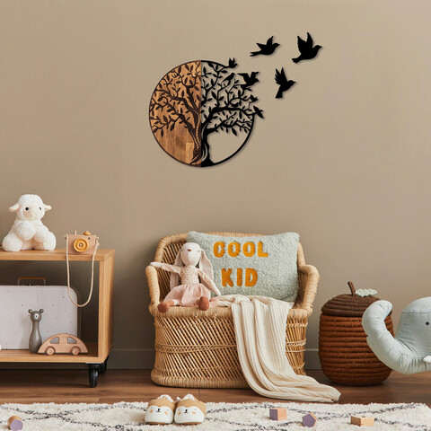 Decoratiune de perete, tree and birds, 50% lemn/50% metal, 92 x 3 x 71 cm, nuc negru