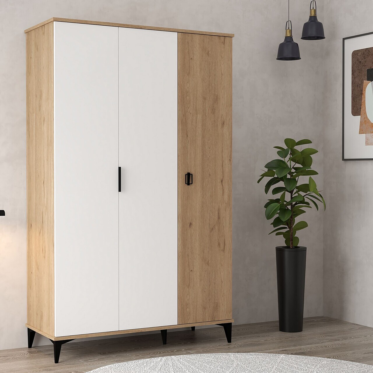 Dulap pentru haine, Hanah Home, Neva 6303, PAL, Stejar Safir / Alb — imaginea 3