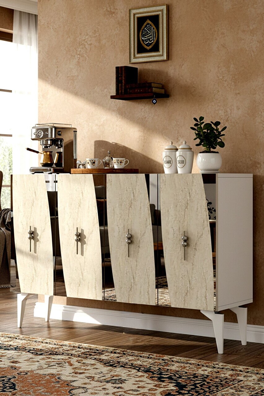 Consola, Hanah Home, Elips 120, 120x75x32 cm, White / Travertine / Silver — imaginea 3