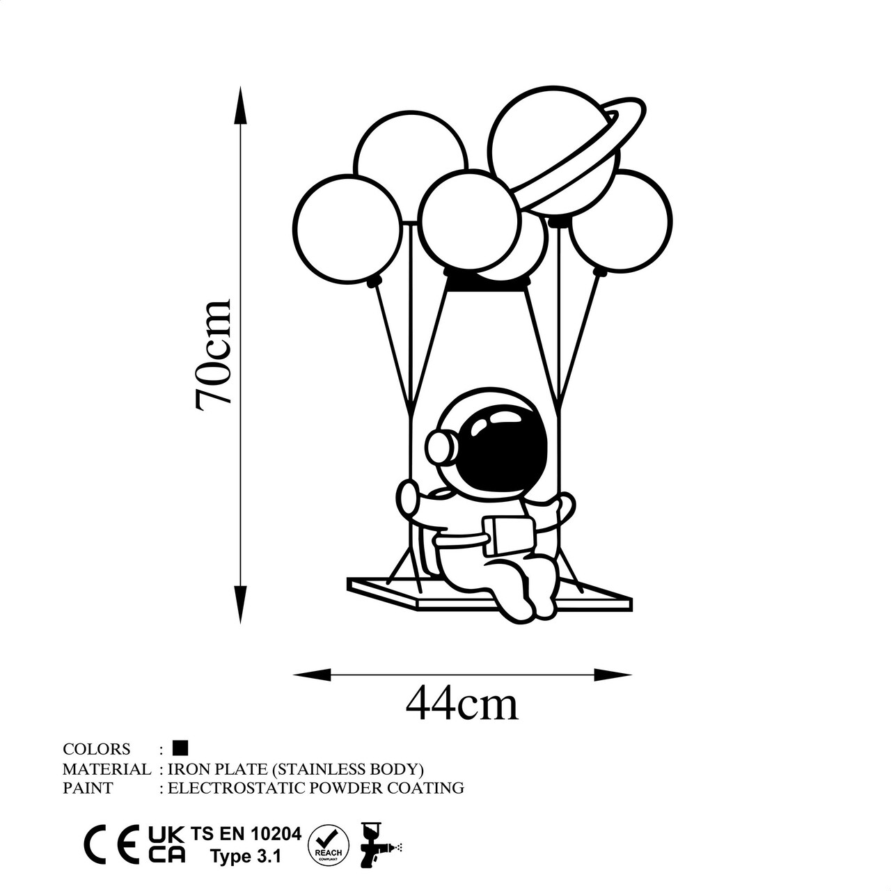 Decoratiune de perete, Astronaut 1, Metal, Dimensiune: 44 x 70 cm, Negru