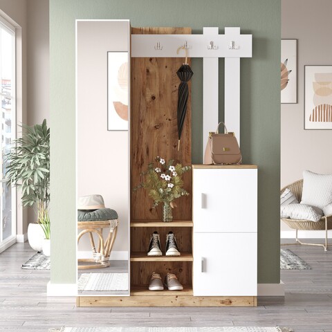 Dulap cu pantofar, cuier si oglinda DD7-AW, Locelso, 113.6×37.5×179.7 cm, PAL, natural/alb 113.6x37.5x179.7