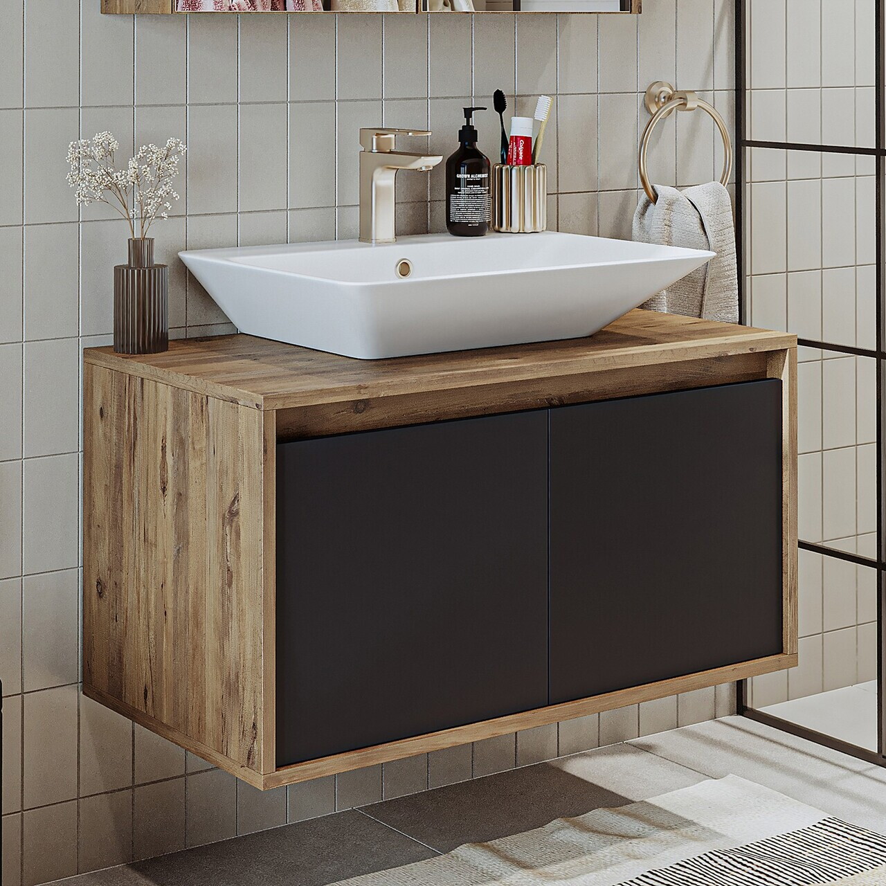 Dulap de baie cu chiuvetă, Hanah Home, 1706, 85x58x45 cm, MDF-LAM, Pin Atlantic / Antracit