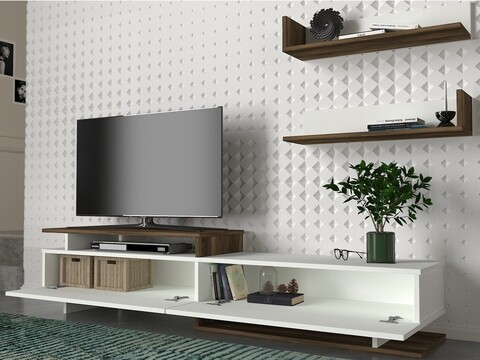 Comoda TV cu 2 rafturi Nirvana, Furny Home, 180x35.6x40 cm, alb/maro