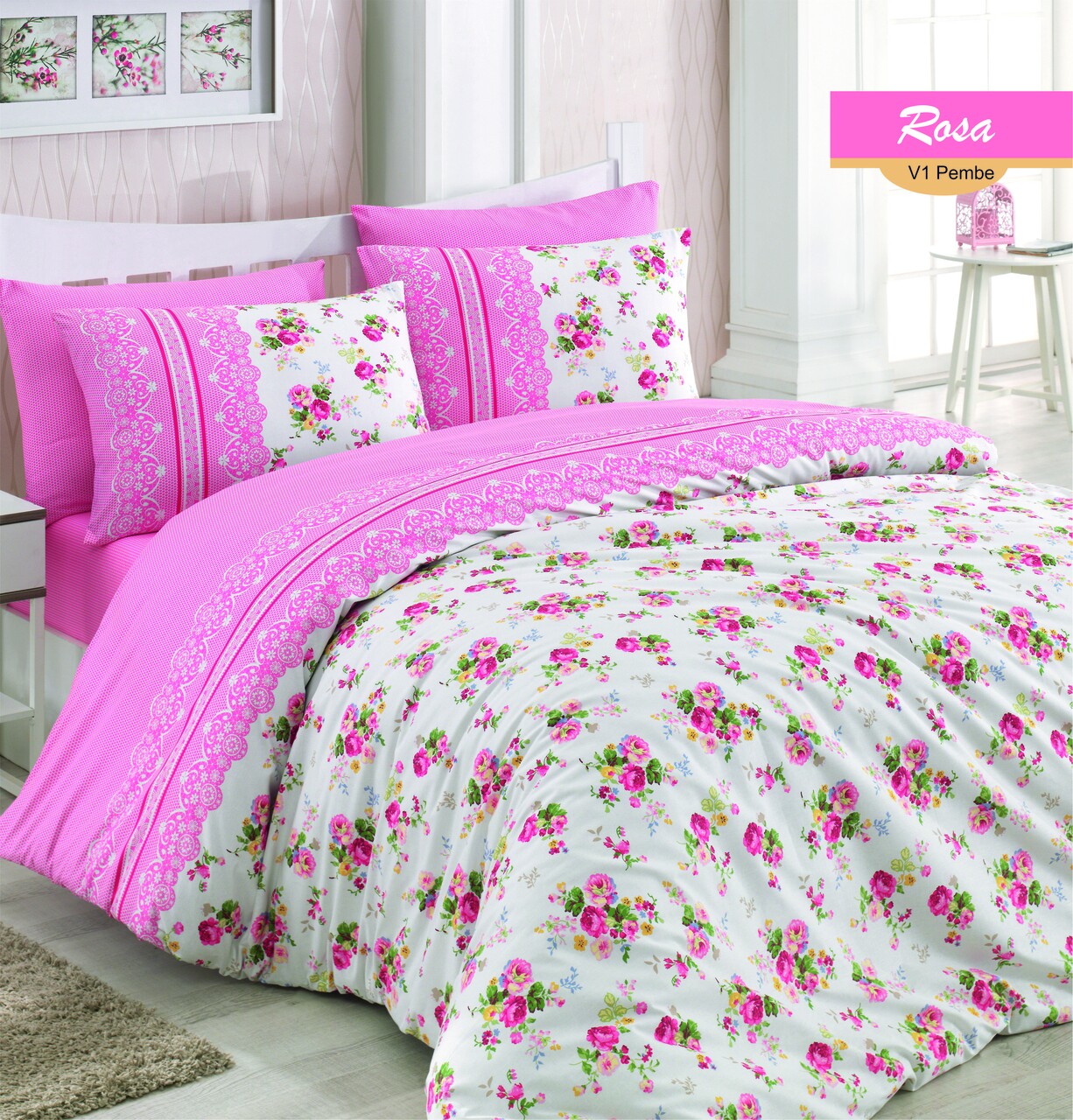 Lenjerie De Pat Dubla Rosa, Majoli Home Collection, 4 Piese, 200x220 Cm, 100% Bumbac Ranforce, Roz