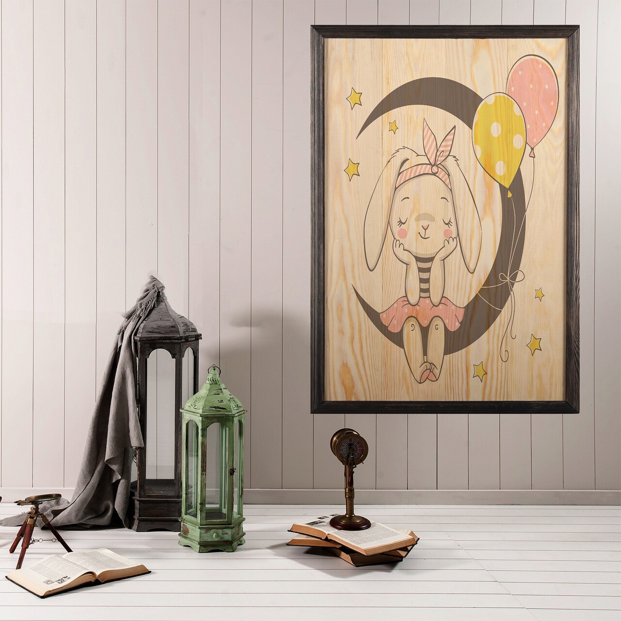 Tablou decorativ, Cute Bunny XL, Lemn, Lemn, Multicolor