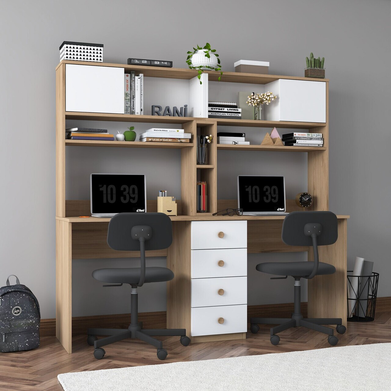Birou, Hanah Home, HA130, 180x166.3x50 cm, PAL melaminat, Nuc/Alb - view 4