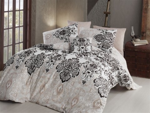 Lenjerie de pat dubla, 4 piese, amestec bumbac, Nazenin Home, Luxury Brown, alb/maro