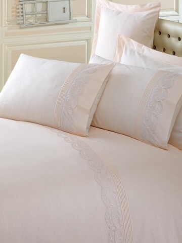 Lenjerie de pat dubla cu broderie, 6 piese, 240x260 cm, 100% bumbac ranforce , Cotton Box, Cappuccino