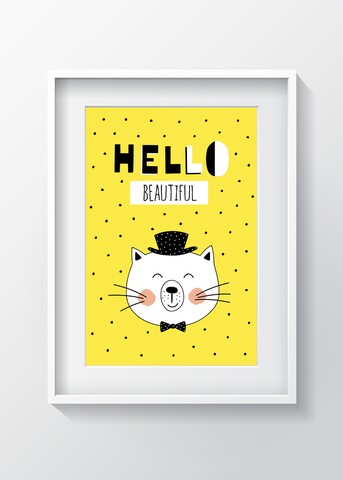 Tablou decorativ cat, oyo kids, 29x24 cm, lemn/mdf, galben