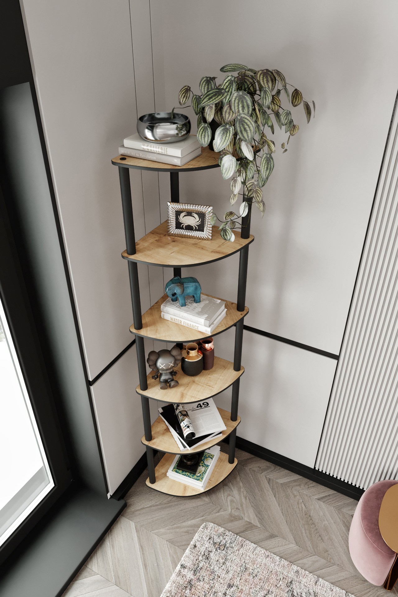 Corp biblioteca, Hanah Home, Bookcase 6 Corner, 34x173x34 cm, MDF , Stejar