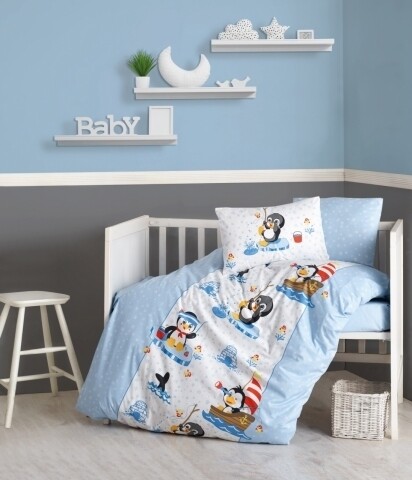 Poza Lenjerie de pat pentru copii, 4 piese, 100% bumbac ranforce, Cotton Box, Pinguin