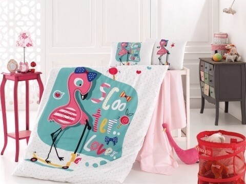 Lenjerie de pat pentru copii Flamingo, Nazenin Home, 4 piese, 120 x 160 cm, 100% bumbac ranforce, multicolora