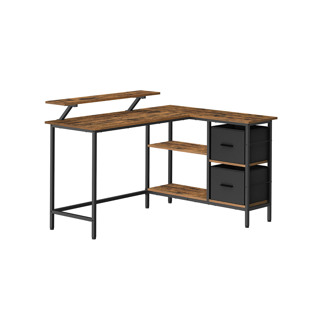 Birou in forma de L / birou de colt, Vasagle, Gaming Desk, reversibil, cu suport monitor, rafturi, cosuri, 105x135x89.5 cm, PAL/otel, maro rustic - 1 | YEO