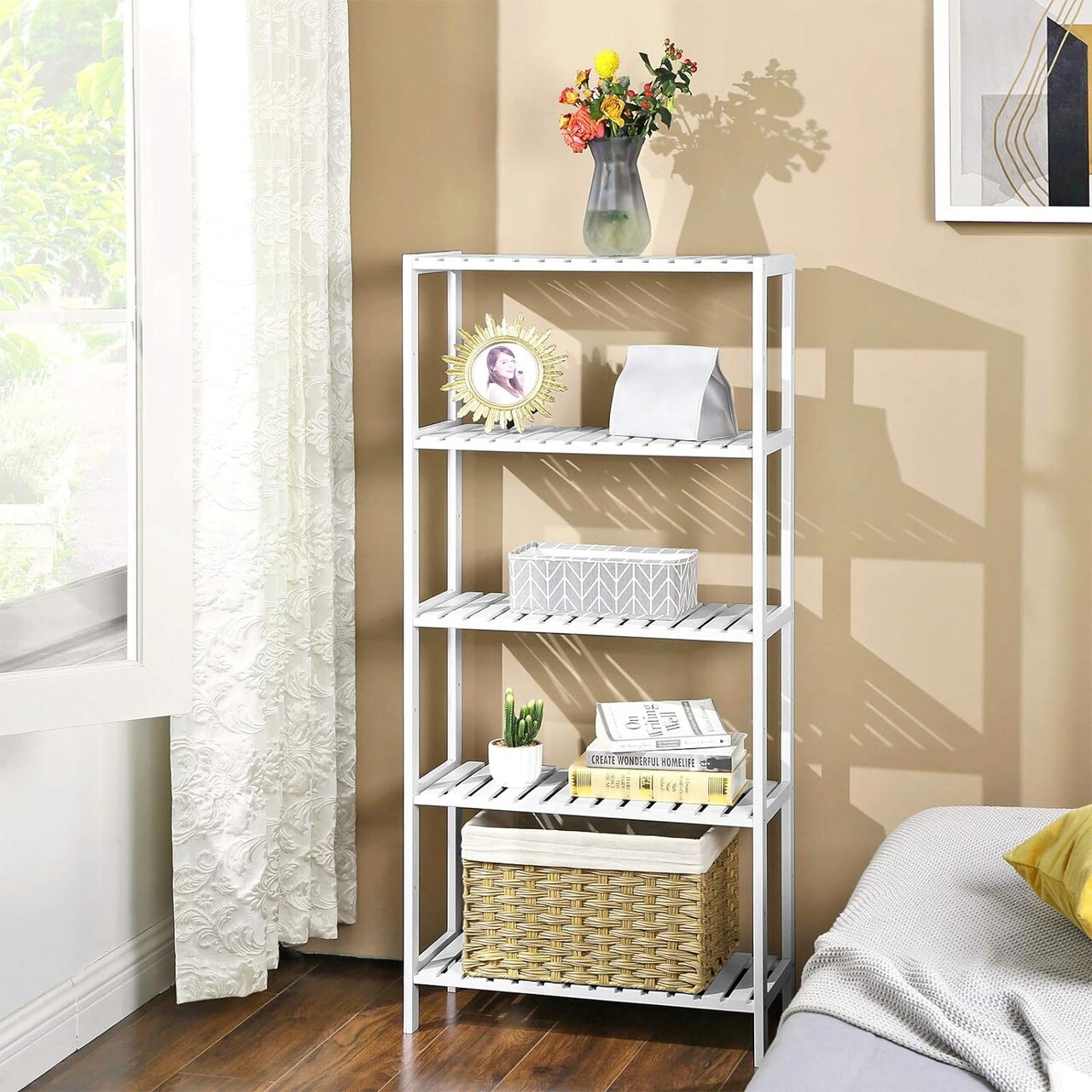 Raft de depozitare multifunctional Vasagle, 60x26x130 cm, bambus, alb - 1 | YEO