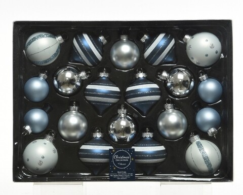 Cutie cu 20 globuri asortate Baubles and onions, Decoris, sticla, alb/albastru/argintiu