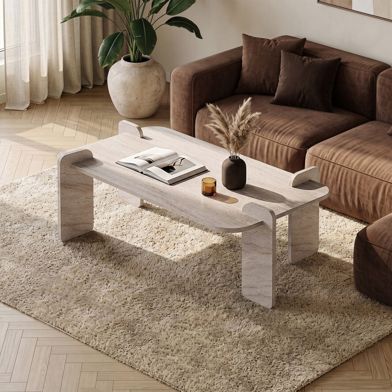 Masuta de cafea, Nordure, Renard, 147x35x87 cm, PAL, Travertin