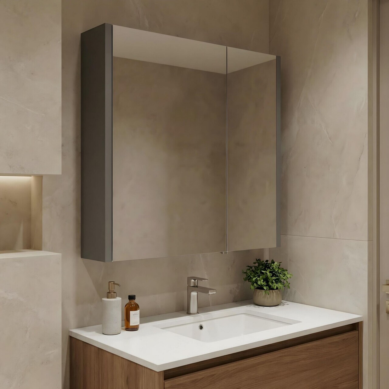 Dulap de baie cu oglindă, Hanah Home, Arno 60, Gri/Antracit