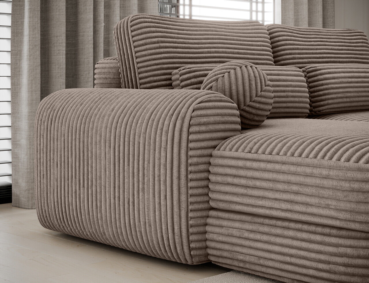 Coltar extensibil stanga 3 locuri ELTAP, Ripeli, 217x175x96 cm, lemn/catifea din poliester, maro deschis — imaginea 9