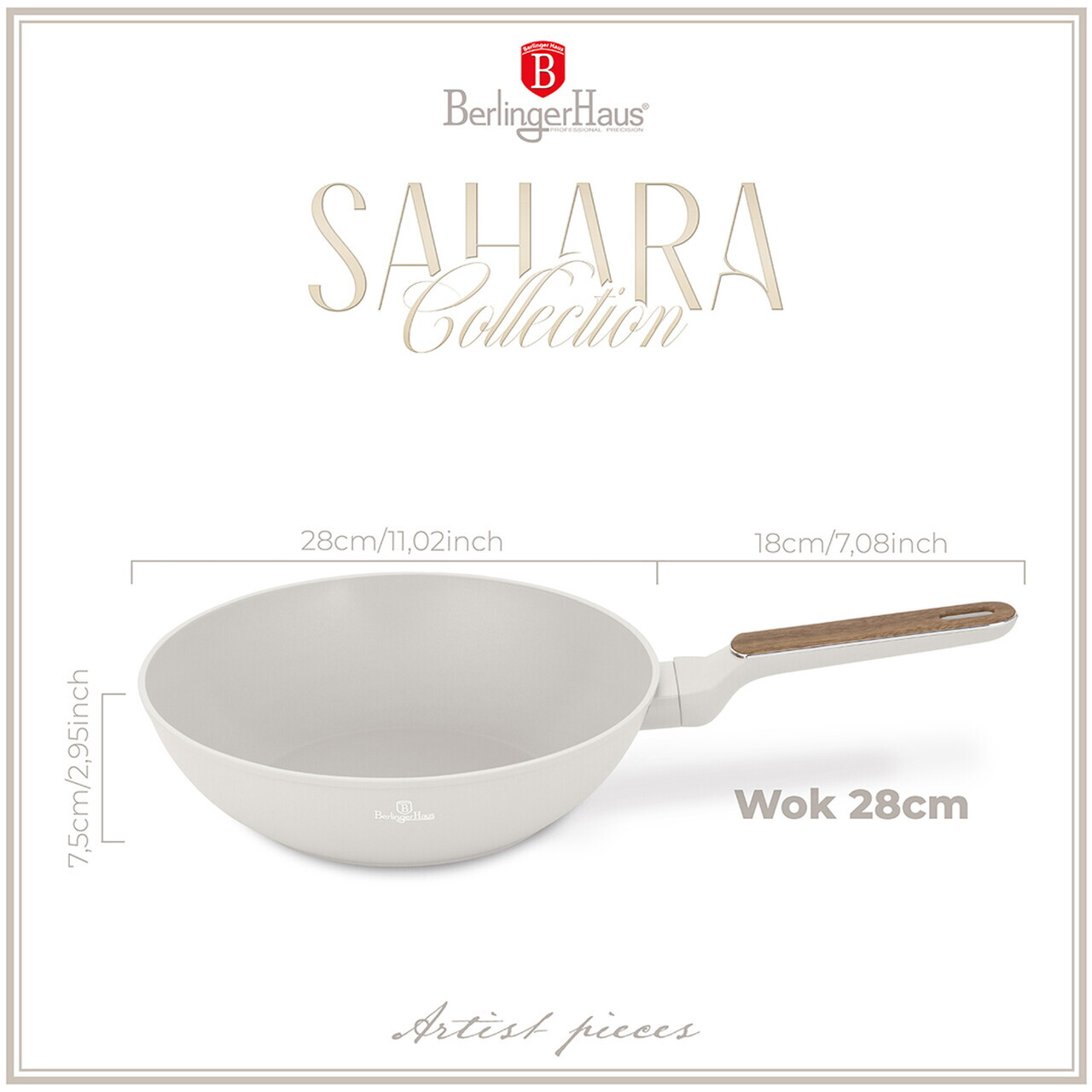 Tigaie Wok Berlinger Haus, Sahara Nordic, 28 cm, 3.5 L, aluminiu forjat, crem mat/natur - imagine 6