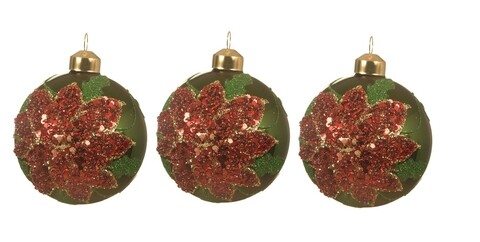 Set 3 globuri poinsettia, decoris, Ø8 cm, sticla, verde