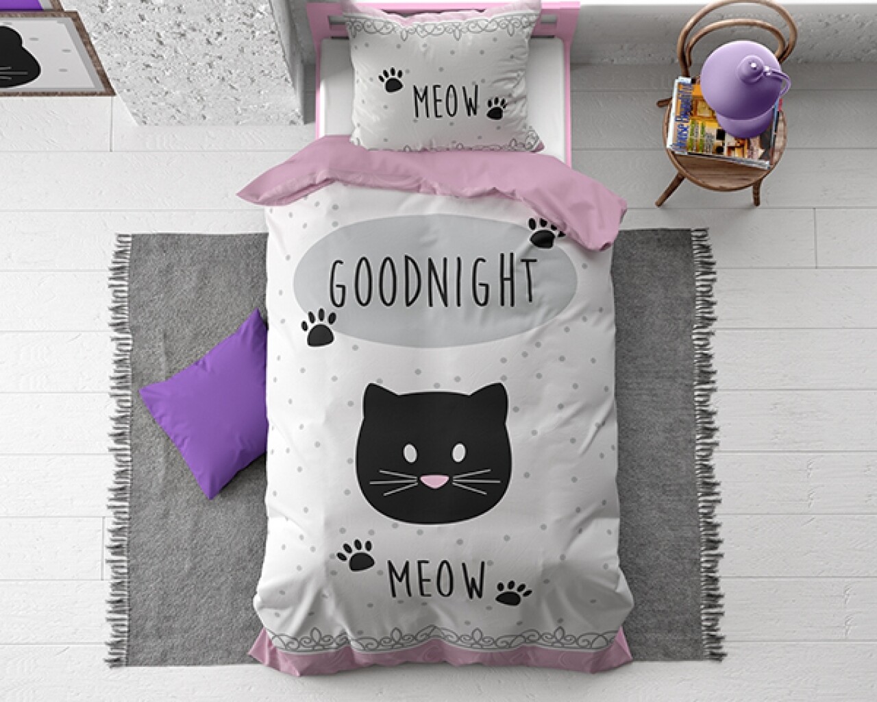 Lenjerie De Pat Pentru O Persoana, Goodnight Kitty Pink, Dreamhouse, 2 Piese, 100% Bumbac, Alb/roz/negru