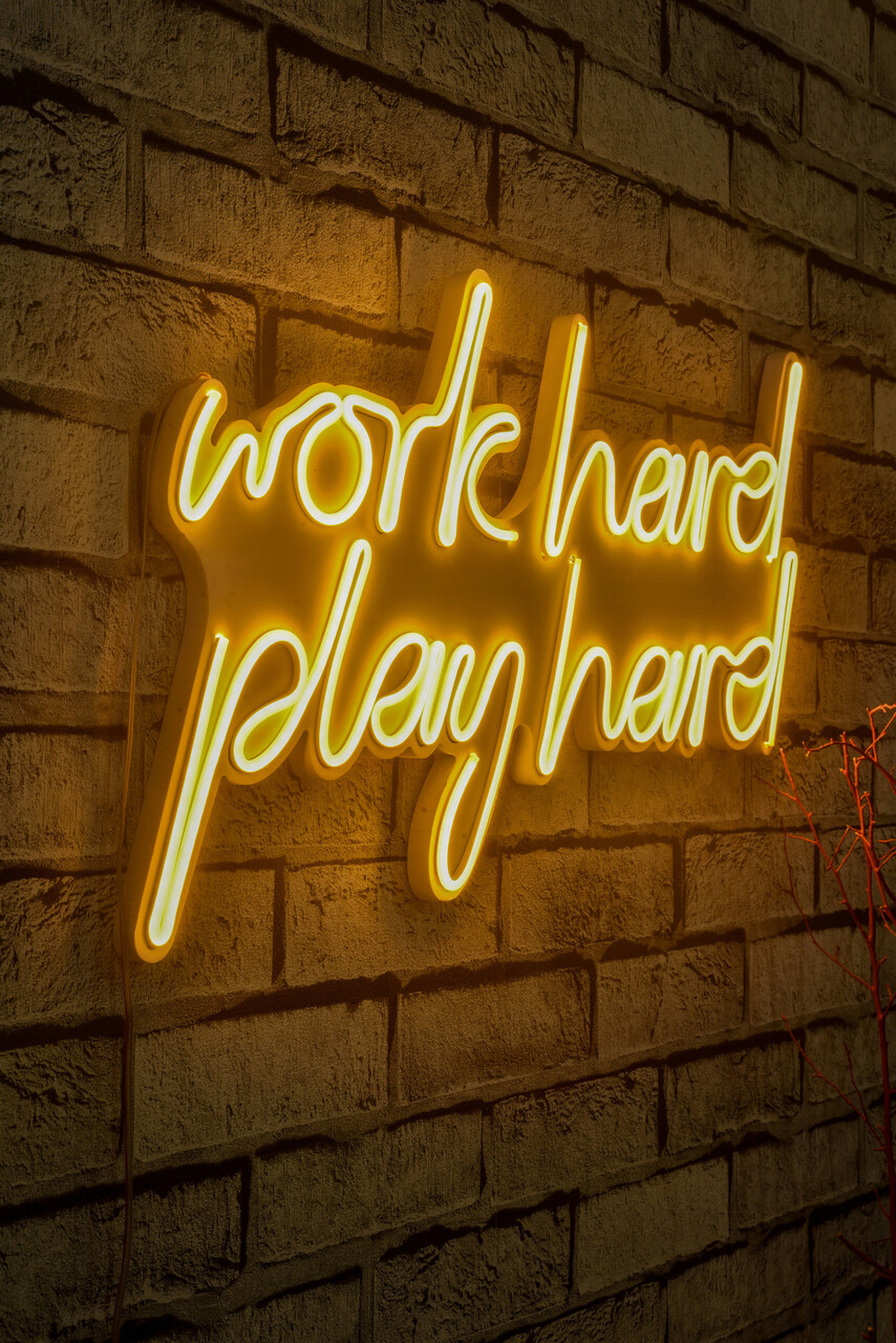 Decoratiune luminoasa LED, Work Hard Play Hard, Benzi flexibile de neon, DC 12 V, Galben