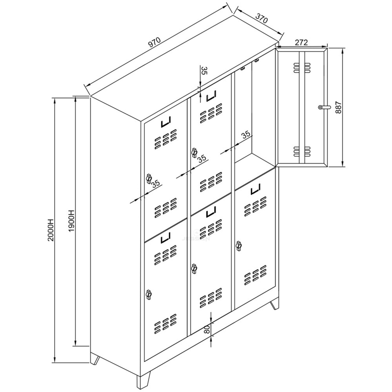 Dulap de depozitare cu incuietoare, Shelvoria, Js1025Sı, 97x200x37 cm, Otel, Gri/Negru
