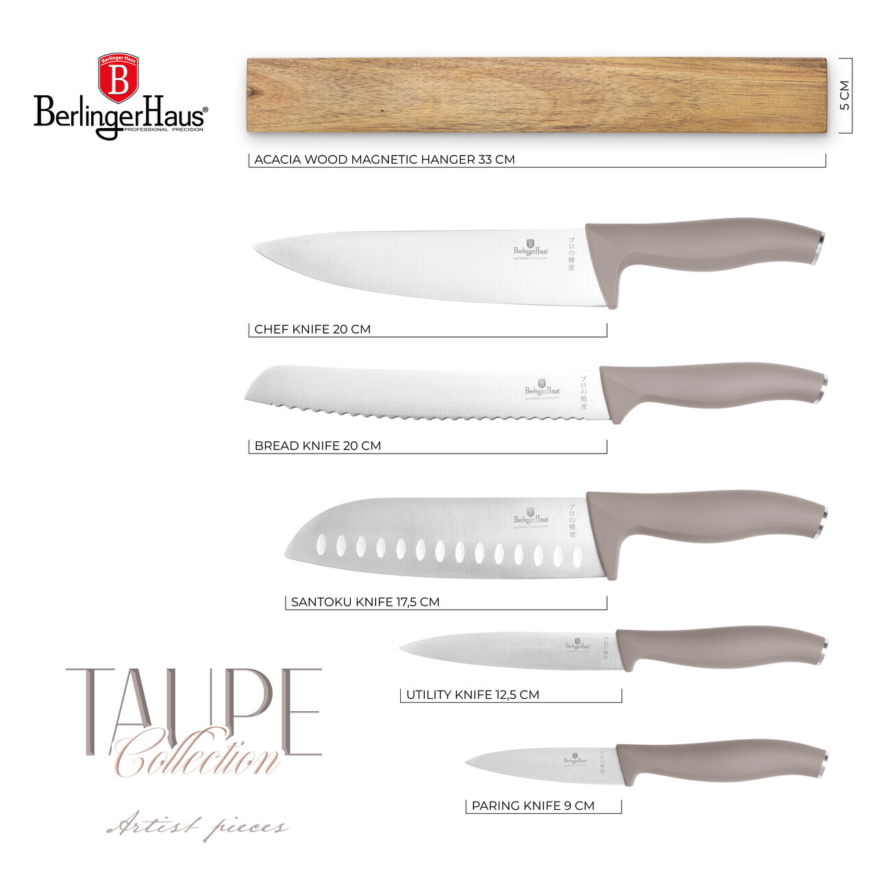 Set 5 cutite cu suport magnetic Berlinger Haus, Taupe, inox/lemn, taupe mat/natur - imagine 9