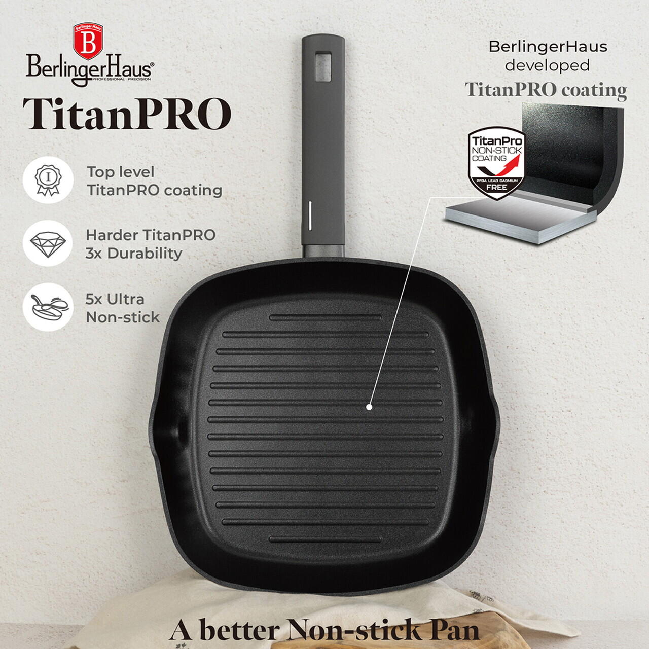 Tigaie grill Berlinger Haus, Anthracite, 28 cm, 2.1 L, aluminiu forjat, antracit mat - imagine 5