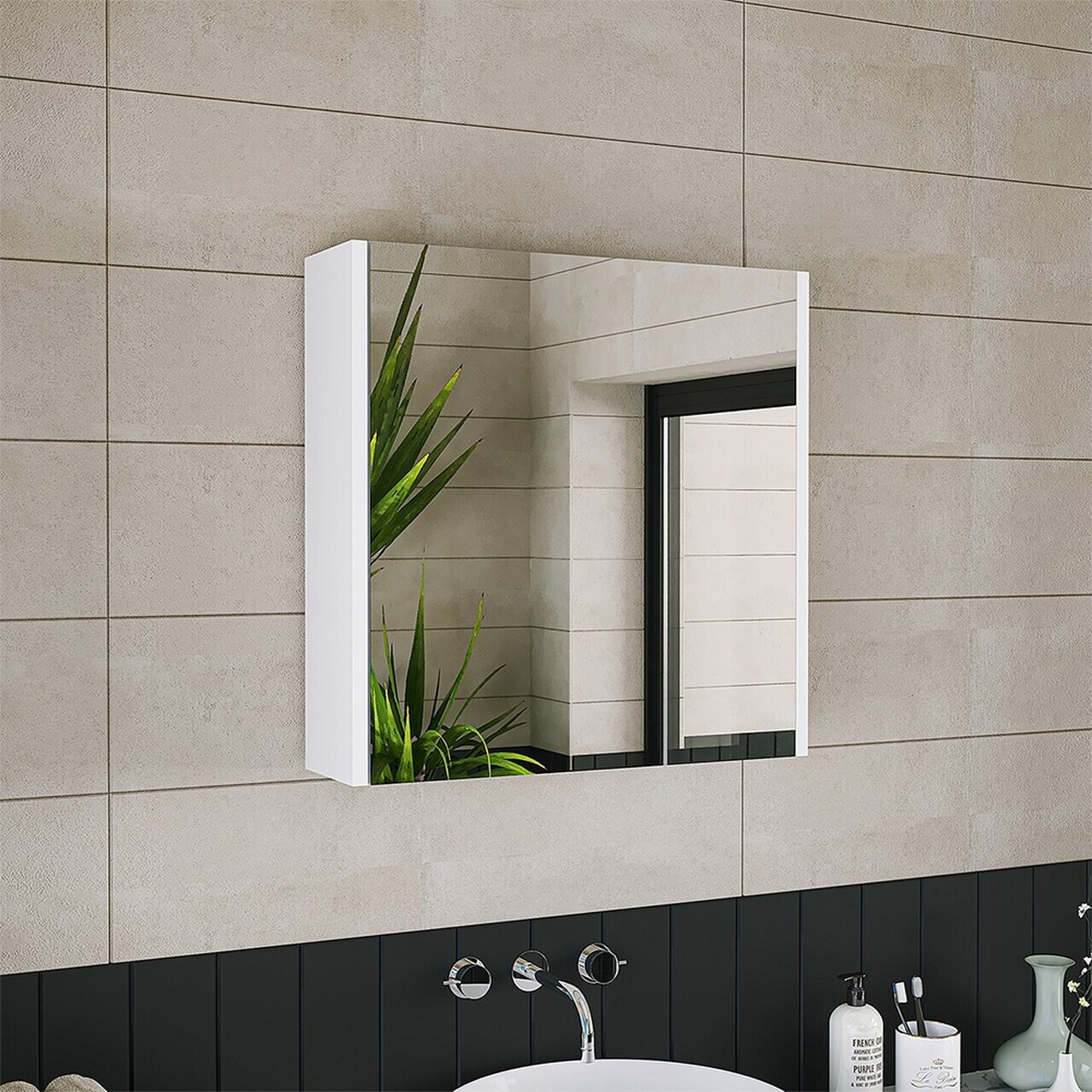 Dulap de baie cu oglindă, Hanah Home, 1717, 60x60x16 cm, MDF-LAM, Alb mat