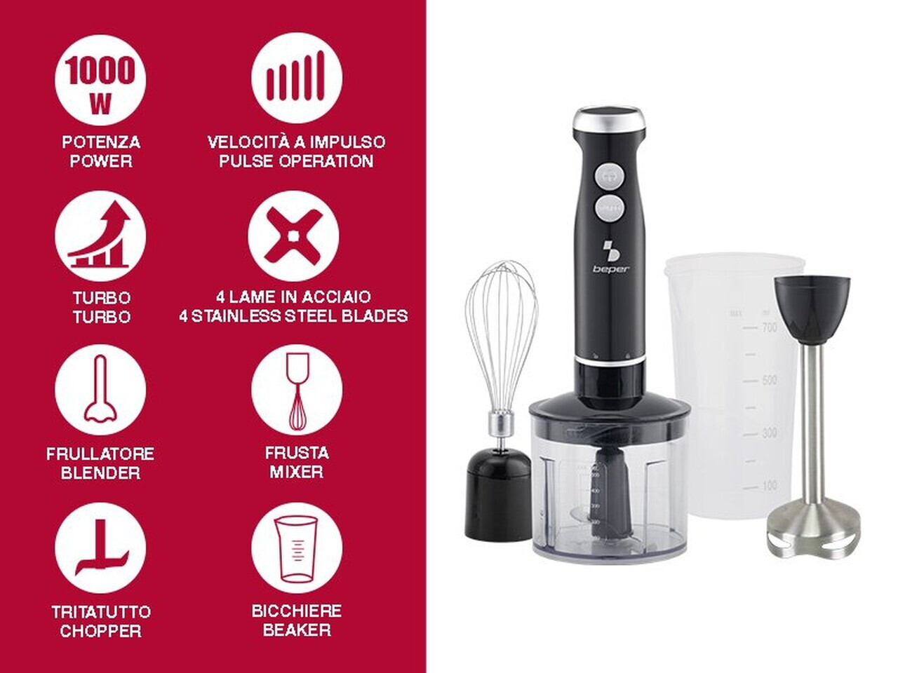 Set blender 4 in 1 Beper, 6.5x38 cm, 700-1000W, 500 ml/700 ml, ABS/inox, negru/transparent - view 9