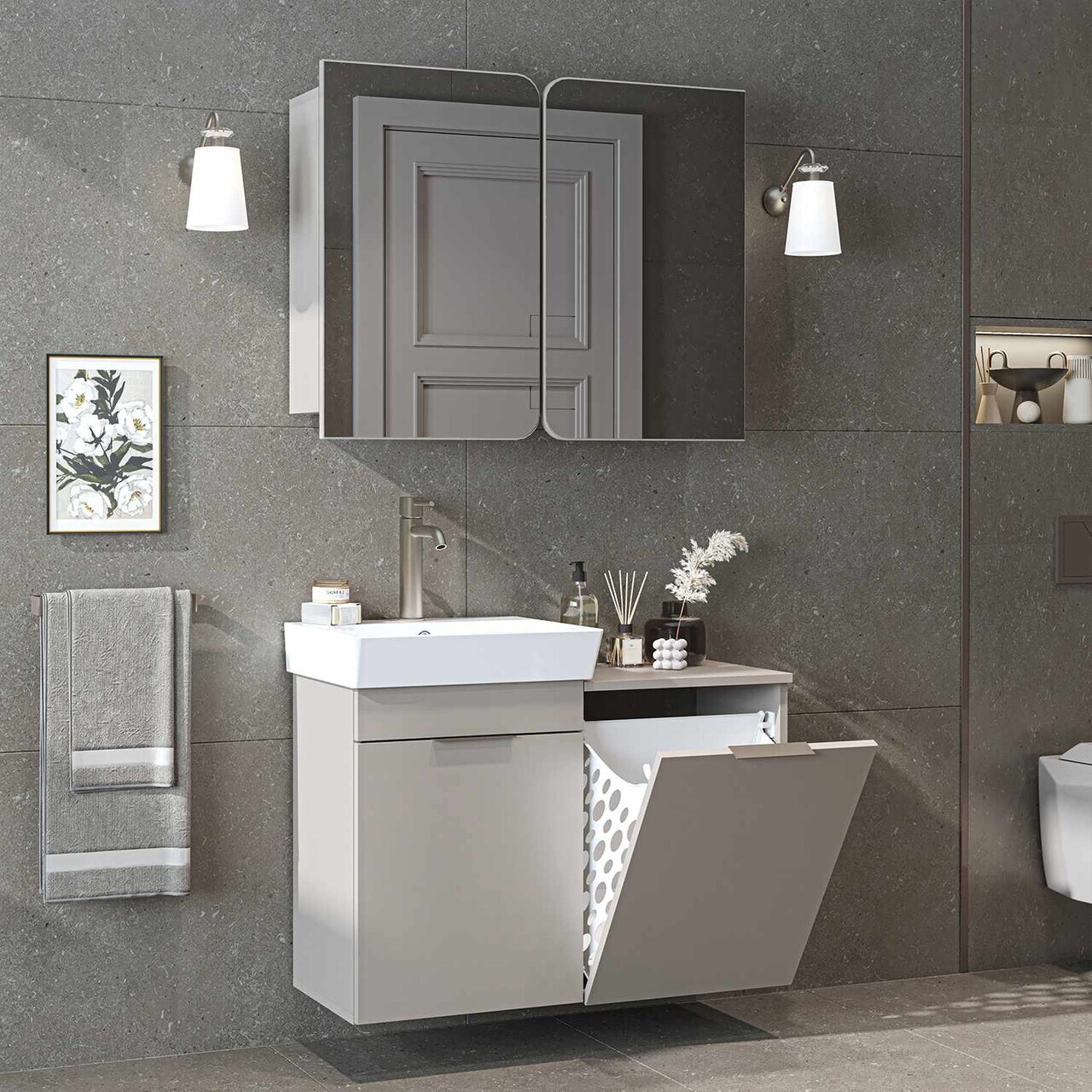 Set Dulap de Baie cu Chiuvetă și Oglindă (2 Piese), Hanah Home, Dubai Sepetli, PAL, Gresie