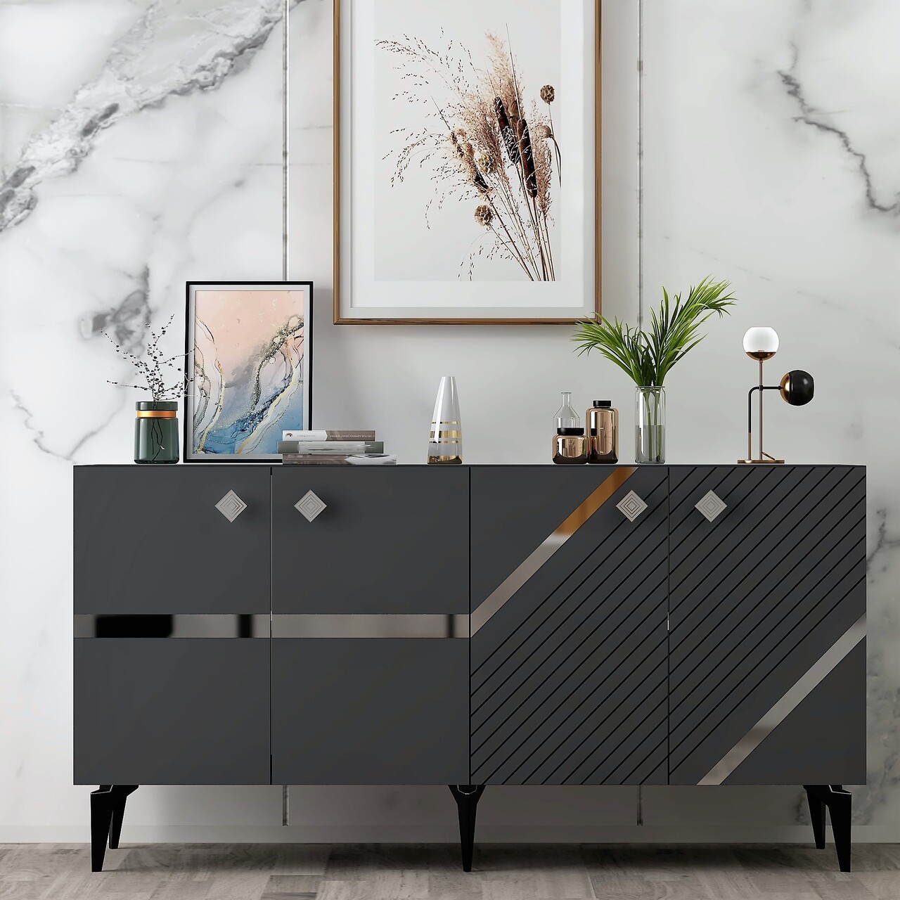 Consola, Olivia, Iris, 150x40x79 cm, PAL , Antracit / Argintiu - 1 | YEO