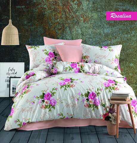 Lenjerie de pat dubla Rosalin, Majoli Home Collection, 4 piese, 200x220 cm, 100% bumbac ranforce, multicolor