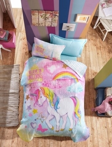 Lenjerie de pat matlasata pentru o persoana Young Dream Mint, Cotton Box, 3 piese, 160 x 240 cm, 100% bumbac ranforce, multicolora