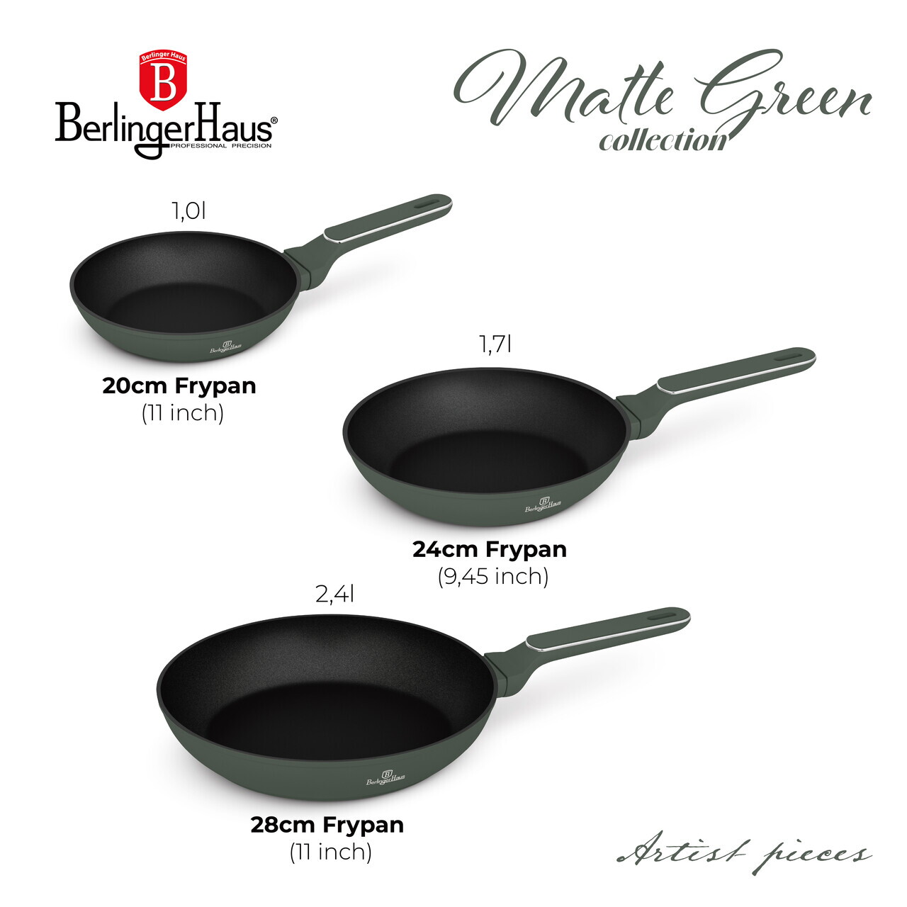 Set 3 tigai Berlinger Haus, Matte Green, 20/24/28 cm, aluminiu forjat, verde mat - view 11