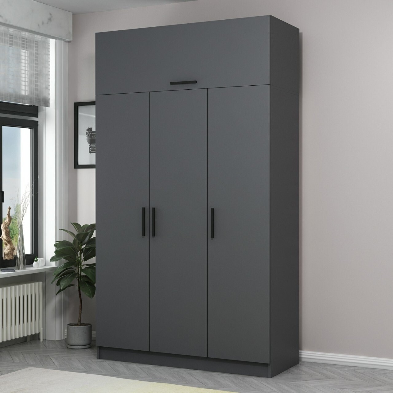 Dulap pentru haine, Minerva, Minar 3 Kapak 2 Çekmece 255, 135x255x52 cm, PAL, Antracit - 1 | YEO