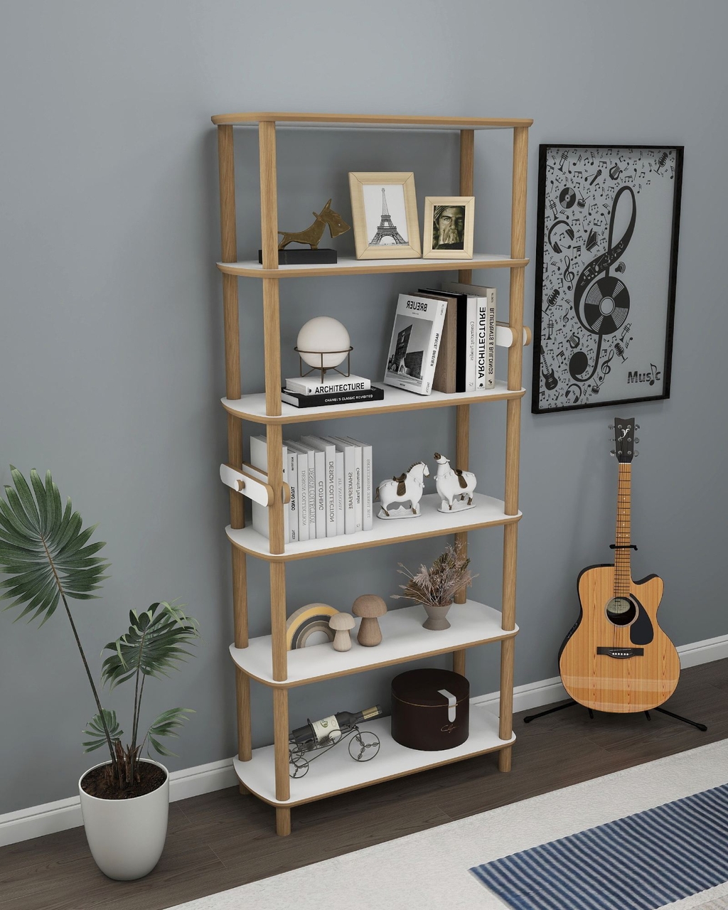 Corp biblioteca, Hanah Home, Rosa 6, 80x174x30 cm, Stejar / Alb - view 4