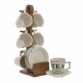 Set 6 cesti de ceai cu suport, InArt, portelan, lemn, crem/maro