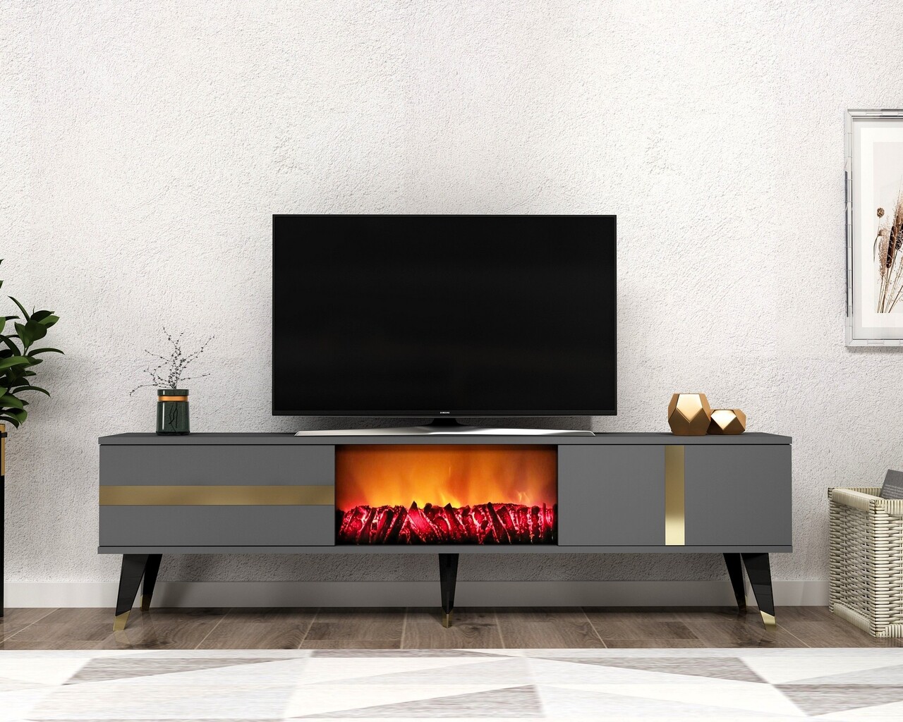 Comoda TV, Olivia, Vania Fireplace, 150x50x29.6 cm, PAL , Antracit / Aur - 1 | YEO