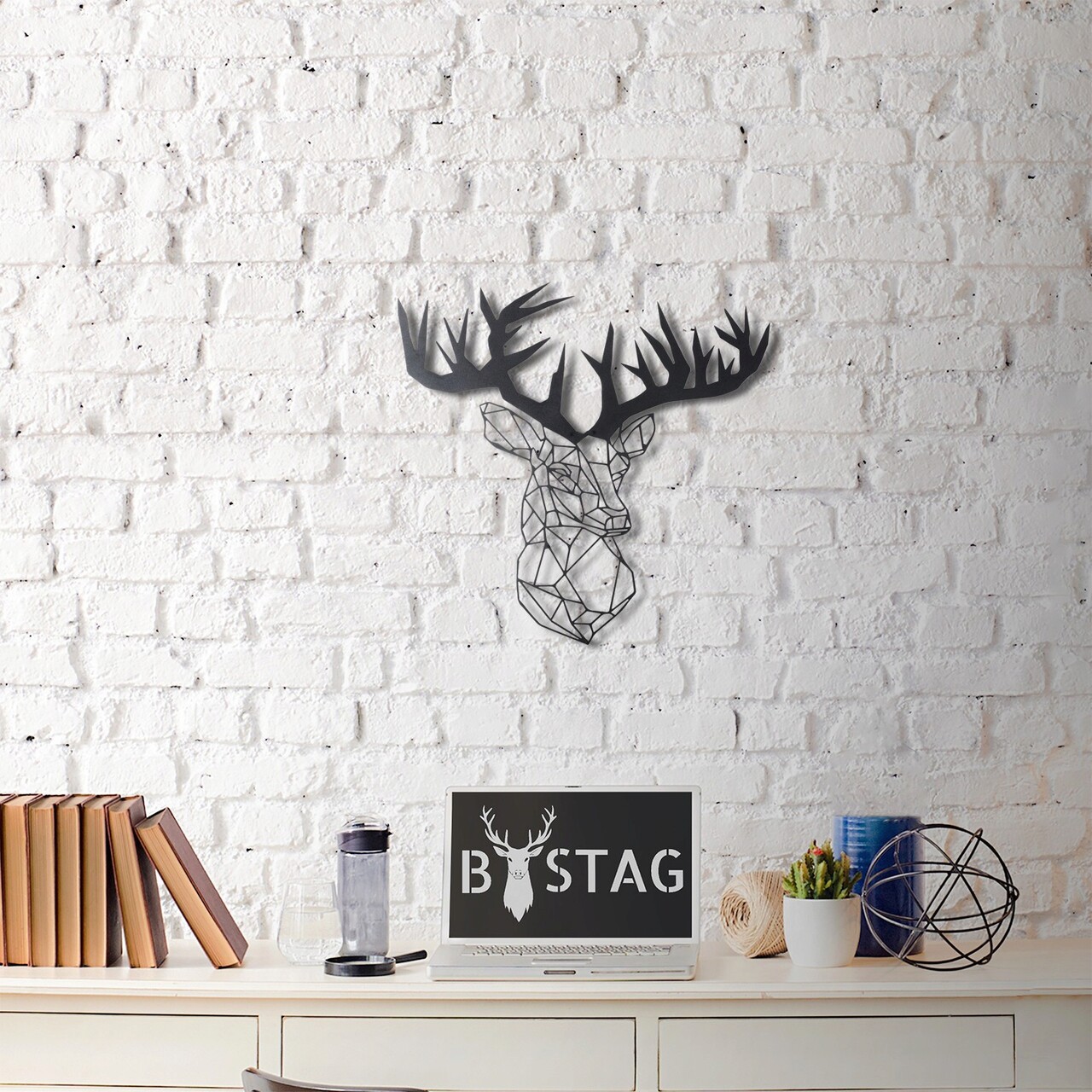 Decoratiune de perete, Stag, Metal, Dimensiune: 49 x 51 cm, Negru