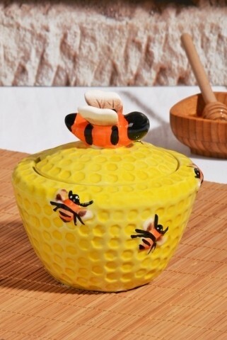 Borcan cu capac si lingura pentru miere BAL-505, Kosova, Ø14 cm, ceramica, galben/portocaliu/negru